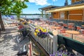 Seafront with street cafe in Naantali town at sunny summer day. Finland