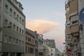 Landscape of street view of traditional buildings at sunset in Lisbon Portugal