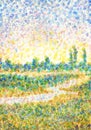 Landscape in style of pointillism. River in field