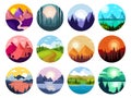 Landscape. Stylized outdoor backgrounds in circle forms landscapes with trees mountains recent vector cartoon