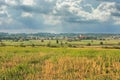 Landscape in summer with blue sky and clouds with bright sun in the background Royalty Free Stock Photo