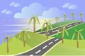 Landscape in the summer. Green hills, a grey asphalt road, blue sky, clouds, sea, palm trees. Modern flat design