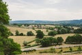 Landscape summer rural scene in France, region Burgundy. Road and nature in old europe. Countryside road in Burgundy