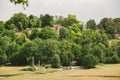 Landscape summer rural scene in France, region Burgundy. Road and nature in old europe. Countryside road in Burgundy