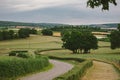 Landscape summer rural scene in France, region Burgundy. Road and nature in old europe. Countryside road in Burgundy