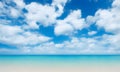 Landscape with summer tropical beach. Azure sea, ocean, blue sky with cumulus clouds. Design concept for travel, family vacation. Royalty Free Stock Photo