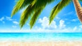 Landscape with summer tropical beach. Azure sea, ocean, blue sky with cumulus clouds, palm trees, warm sand. Design concept for Royalty Free Stock Photo