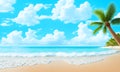 Landscape with summer tropical beach. Azure sea, ocean, waves, blue sky with cumulus clouds, palm trees, warm sand. Design concept Royalty Free Stock Photo