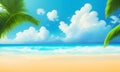 Landscape with summer tropical beach. Azure sea, ocean, waves, blue sky with cumulus clouds, palm trees, warm sand. Design concept Royalty Free Stock Photo