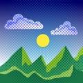 Landscape with sun mountains and blue sky in comic cartoon style