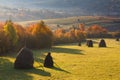 Landscape In the sunlight haystacks on autumn mountain meadow. Royalty Free Stock Photo