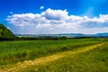 Rural Landscape With Sunlit Clouds In Front Of The Skyline Of Vienna In Austria Royalty Free Stock Photo