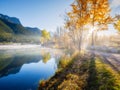 Landscape during sunrise. Autumn trees on the river bank. Sunlight through the trees. Mountains and forest. Royalty Free Stock Photo