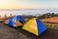 Landscape sunrise beautiful in winter view outdoor travel camping tent area on mountain, tourist tent camping with fog mist