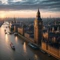 a landscape at Sunrise with Big Ben, the Palace of Westminster, London Eye, and ... Royalty Free Stock Photo