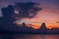 Landscape sunrise on the island of Phu Quoc, Vietnam. Morning sky, storm clouds, fishing boat and sea water Royalty Free Stock Photo