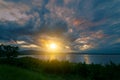 Landscape of sunrise scence in the lake with sky and clouds Royalty Free Stock Photo