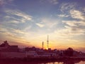 Landscape Of Sunset Behind Network Signal Tower. Royalty Free Stock Photo