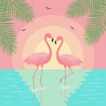 Landscape with sunset, couple of flamingos, palm leaves and seagulls