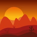 Landscape sunset in dry desert. Beautiful orange sky, mountains and cactus. Royalty Free Stock Photo