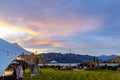 Landscape at sunset, Dublin Bay with backdrop of the Southern Alps , in Wanaka, Otago, South Island, New Zealand Royalty Free Stock Photo