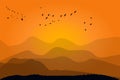 Landscape with sunset, hills and birds. Flock of birds are flying across the sky.