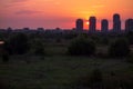 Beautiful view of the sunset over Vacaresti Nature Park area and city skyscrapers