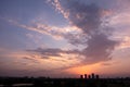 Nice sunset over Vacaresti Nature Park area and city skyscrapers