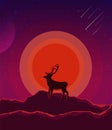 Landscape with sunset, planet and starry sky. Nature landscape in shades violet, purple with silhouette of a deer and mountains.