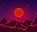 Landscape with sunset, planets and starry sky. Space landscape  in shades violet, purple. Nature background. vector eps10 Royalty Free Stock Photo