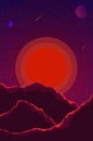 Landscape with sunset, planets and starry sky. Space landscape in shades violet, purple. Nature background. eps10