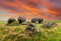 Landscape during sunset with the remains of a Megalithic burial monument, Dolmen D15 Royalty Free Stock Photo