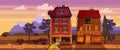 Landscape sunset summer, buildings, home, cafe, countryside, rural view, wild west, mountains, savannah desert, vector