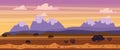 Landscape sunset summer, countryside, rural view, wild west, mountains, bushes, savannah desert, vector, illustration
