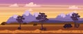 Landscape sunset summer, countryside, rural view, wild west, mountains, trees, bushes, savannah desert, vector