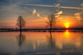 Landscape sunset or sundown river Narew Poland Europe spring time meadows under water Royalty Free Stock Photo