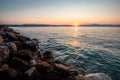 Landscape in the sunset, view of the sea in Baska Bay. seascape waves and beach Royalty Free Stock Photo