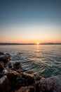 Landscape in the sunset, view of the sea in Baska Bay. seascape waves and beach Royalty Free Stock Photo