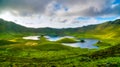 Landscape sunset view to Caldeirao crater, Corvo island, Azores, Portugal