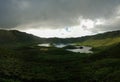 Landscape sunset view to Caldeirao crater, Corvo island, Azores, Portugal Royalty Free Stock Photo