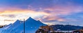 Landscape at sunset, wedding tent, Dublin Bay with backdrop of the Southern Alps , in Wanaka, Otago, South Island, New Zealand Royalty Free Stock Photo