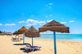 Sunshades on beach at sunny day in Nabeul. Tunisia, North Africa Royalty Free Stock Photo