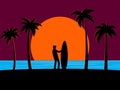 Landscape with a surfer on the coast of the sea. Silhouette of a surfer with a surfboard on a sunset background. Tropical design
