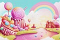 A landscape of sweet cupcakes with a river of gingerbread jelly houses and a rainbow in pastel colors.
