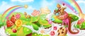 Landscape with sweets. Cartoon candy land with chocolate farmhouse, milk river and hills with cakes and desserts. Fairy