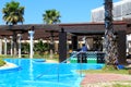 landscape swimming pool blue sky. Tropical beautiful hotel