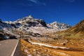 Landscape of the Swiss Alps and forest of national parc in Switzerland. Alps of Switzerland on autumn. Fluela pass road. . Swiss c Royalty Free Stock Photo