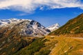 Landscape of the Swiss Alps and forest of national parc in Switzerland. Alps of Switzerland on autumn. Fluela pass road. . Swiss c Royalty Free Stock Photo