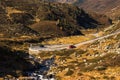 Landscape of the Swiss Alps and forest of national parc in Switzerland. Alps of Switzerland on autumn. Fluela pass road. . Swiss c Royalty Free Stock Photo