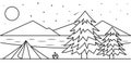Landscape tent lake mountain spruces star illustration